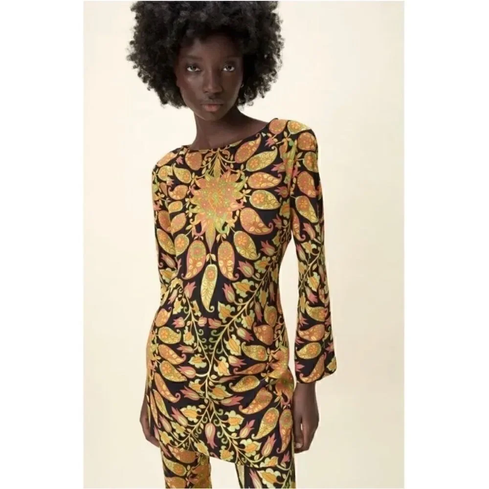 NWT Zara Blogger’s Favorite Long Sleeve Printed Multicolor Open Back Mini Dress - Picture 5 of 12